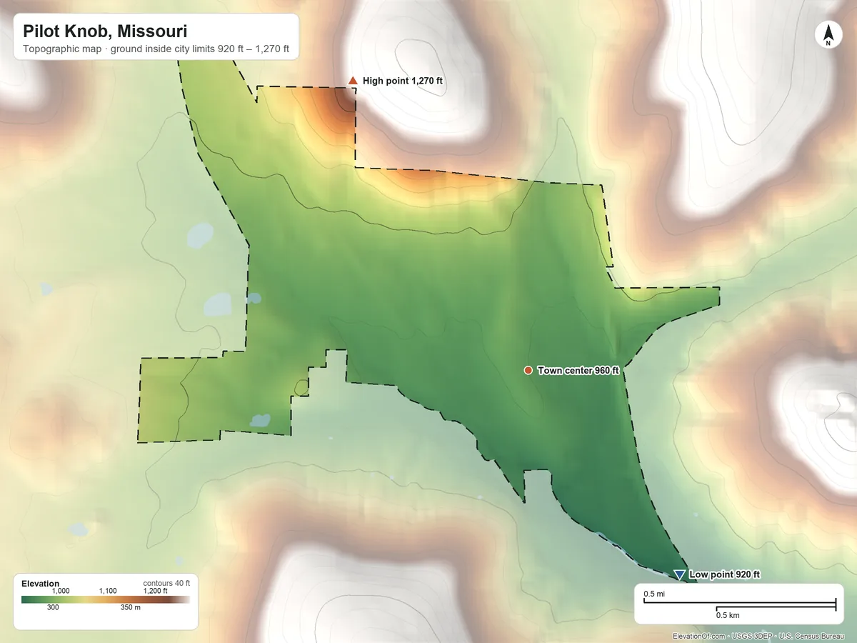 Topographic elevation map of Pilot Knob, Missouri, shaded from 920 ft on the southeast side to 1,270 ft at the foot of the Saint Francois Mountains