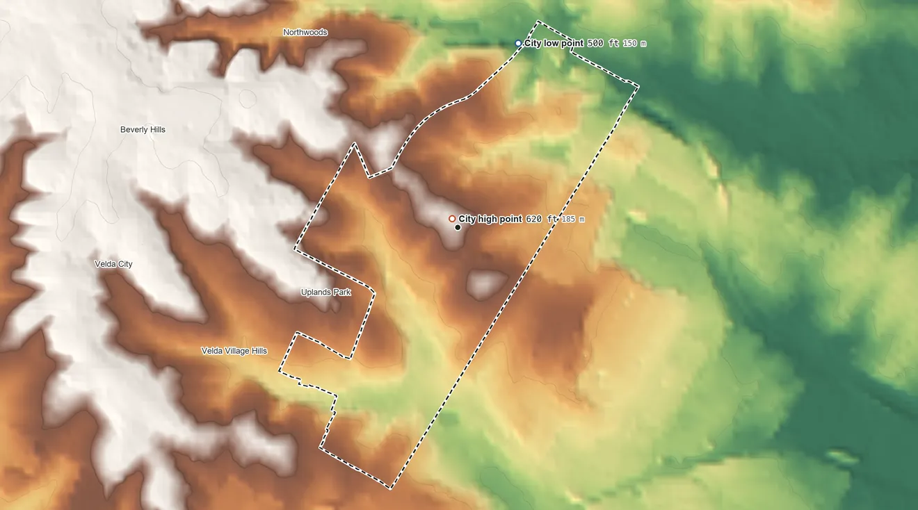 Topographic elevation map of Pine Lawn, Missouri, shaded from 500 ft on the north side to 620 ft near the middle