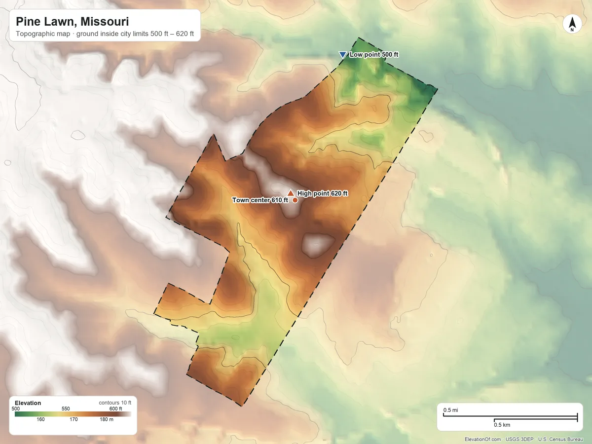 Topographic elevation map of Pine Lawn, Missouri, shaded from 500 ft on the north side to 620 ft near the middle