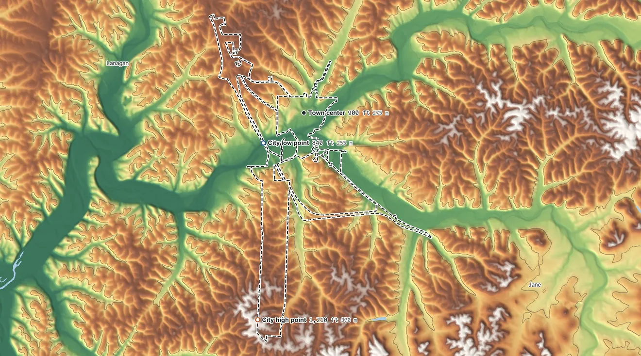 Topographic elevation map of Pineville, Missouri, shaded from 840 ft on the southwest side to 1,210 ft on the south side