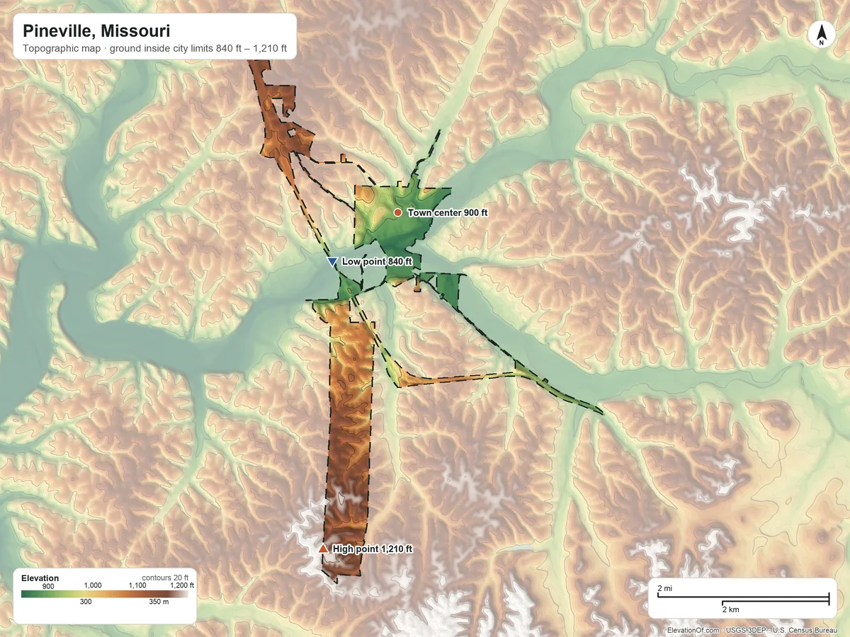 Topographic elevation map of Pineville, Missouri, shaded from 840 ft on the southwest side to 1,210 ft on the south side