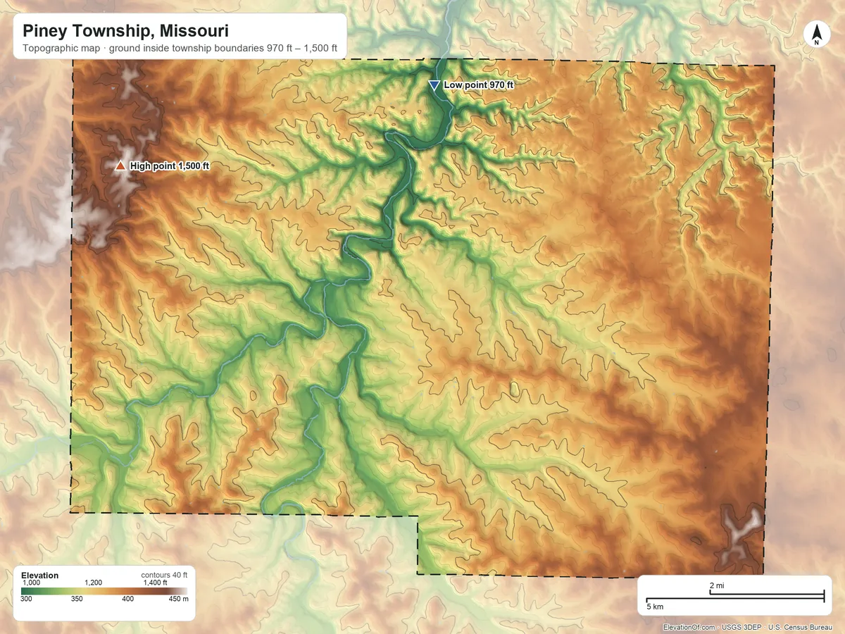 Topographic elevation map of Piney Township, Missouri, shaded from 970 ft on the north side to 1,500 ft on the west side
