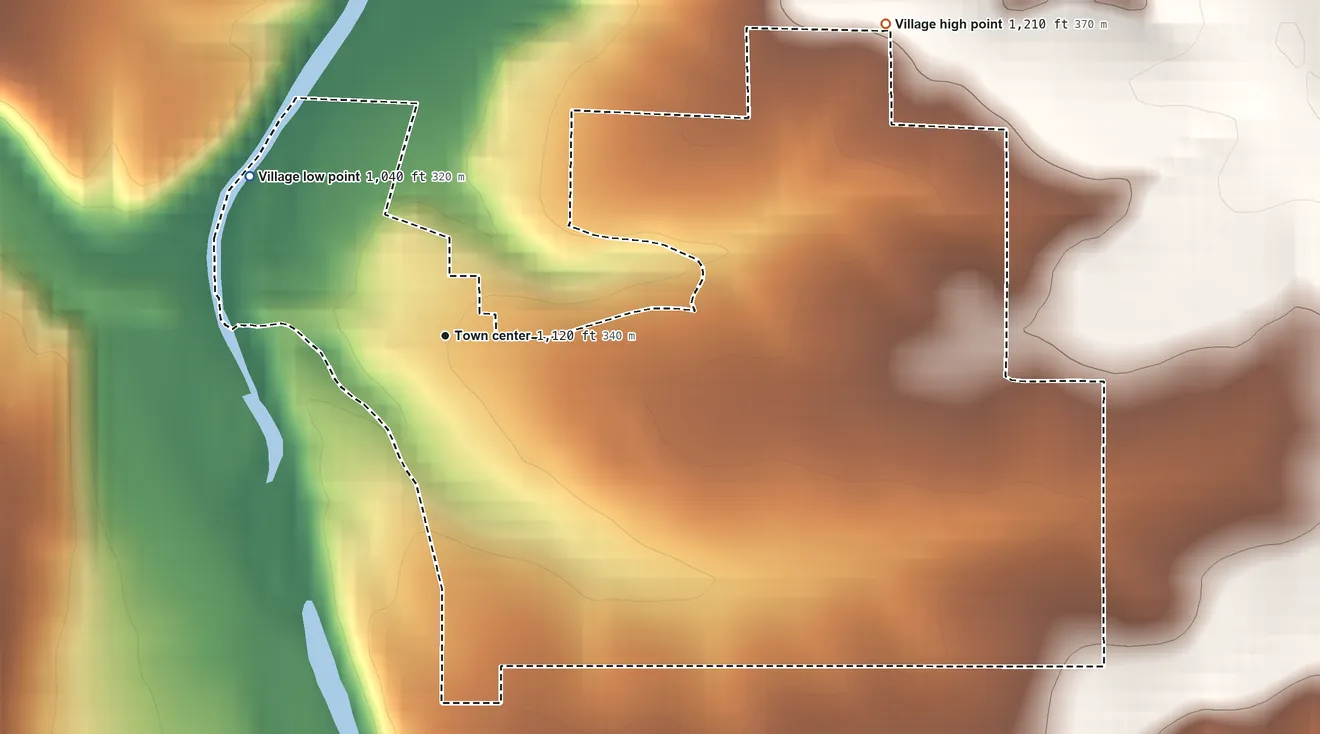Topographic elevation map of Plato, Missouri, shaded from 1,040 ft on the northwest side to 1,210 ft on the northeast side