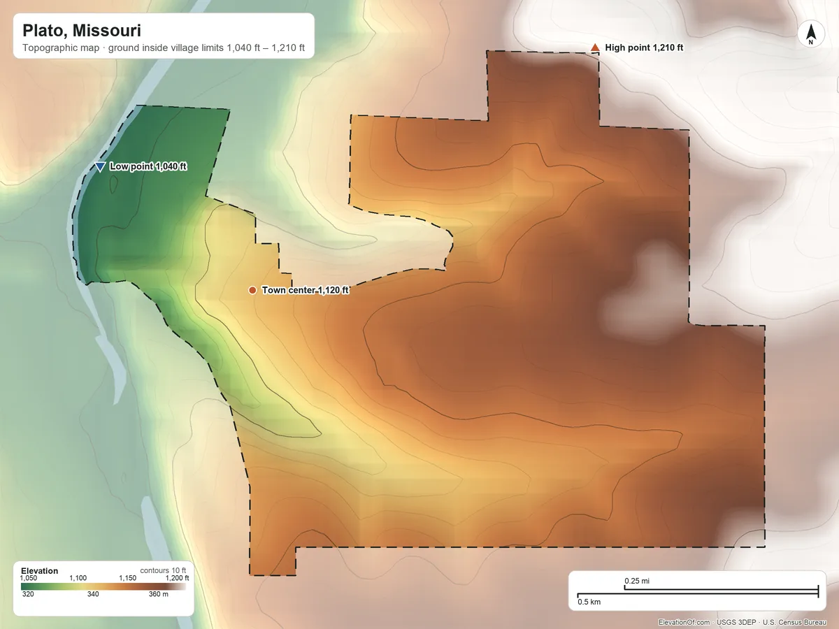 Topographic elevation map of Plato, Missouri, shaded from 1,040 ft on the northwest side to 1,210 ft on the northeast side