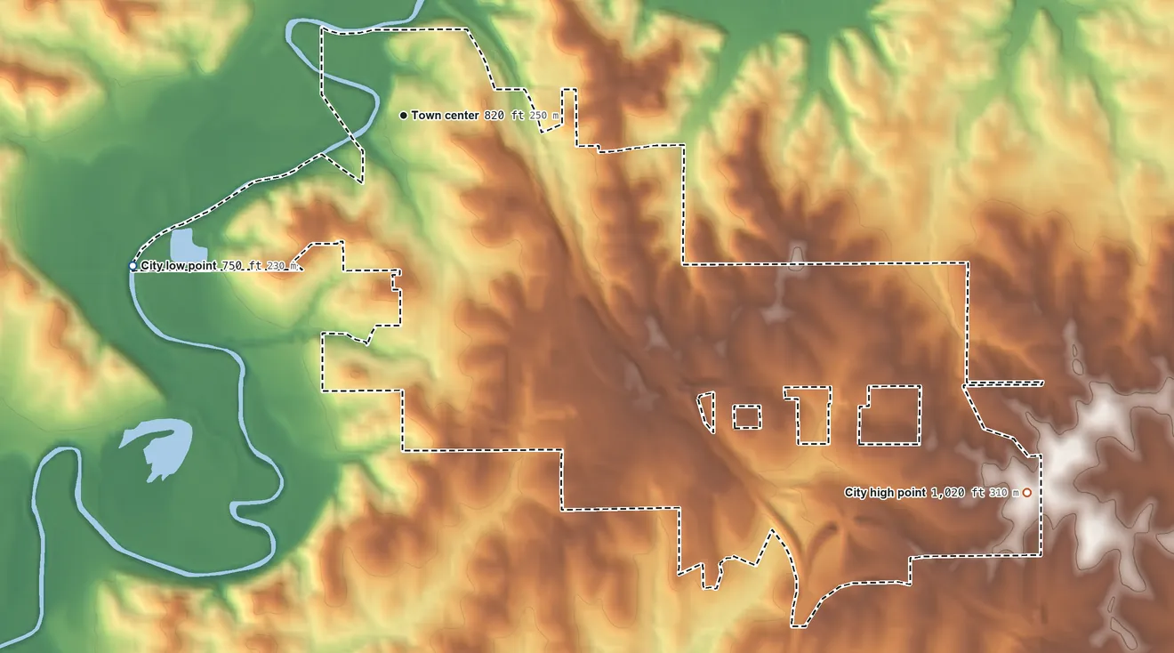 Topographic elevation map of Platte City, Missouri, shaded from 750 ft on the southwest side to 1,020 ft on the southeast side