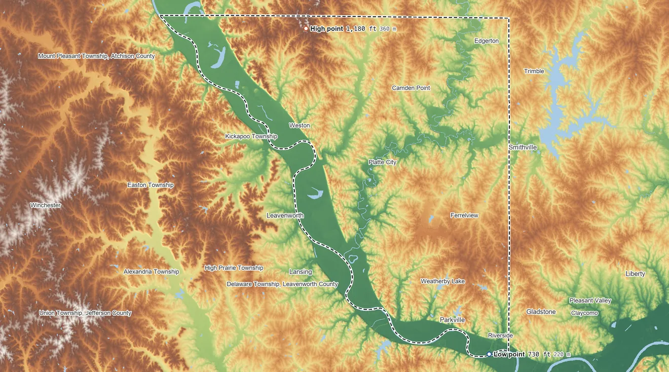 Topographic elevation map of Platte County, Missouri, shaded from 730 ft on the southeast side to 1,180 ft on the north side