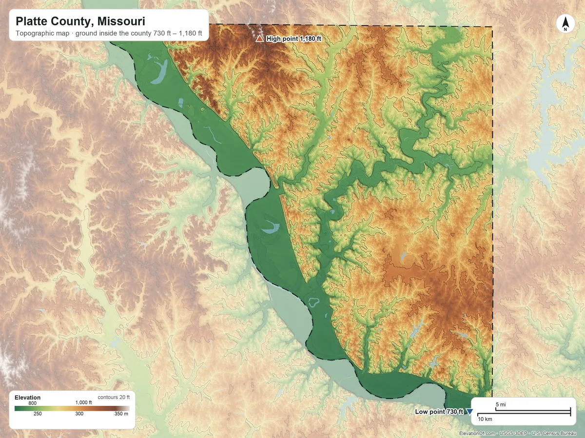Topographic elevation map of Platte County, Missouri, shaded from 730 ft on the southeast side to 1,180 ft on the north side