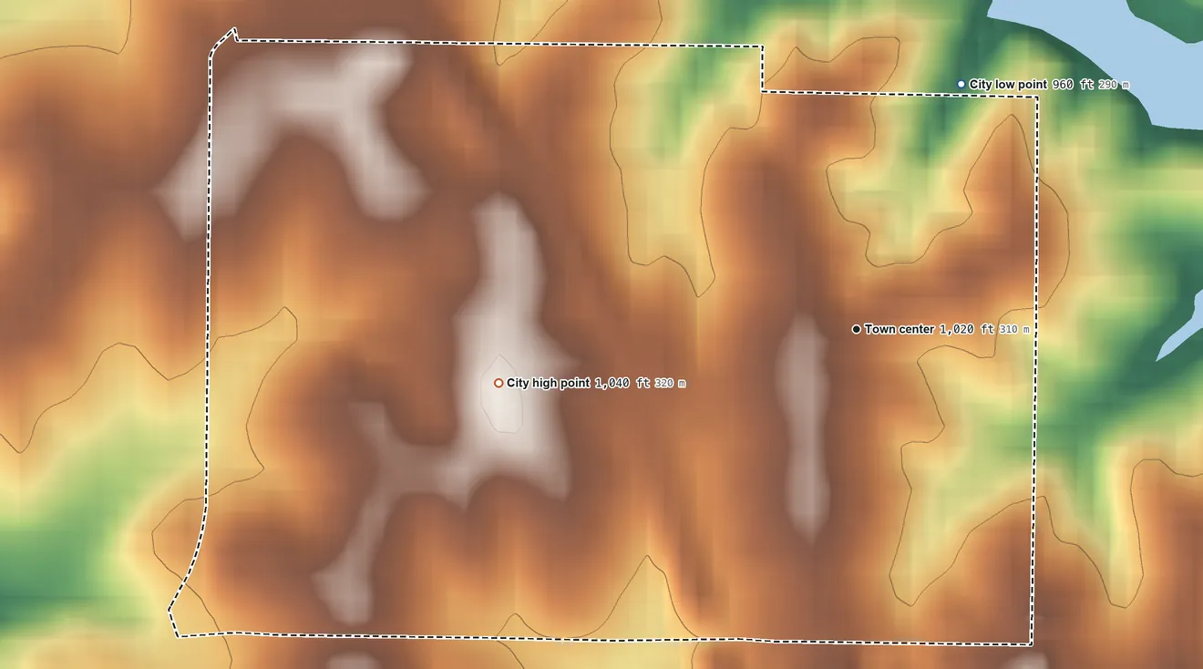 Topographic elevation map of Platte Woods, Missouri, shaded from 960 ft on the northeast side to 1,040 ft on the west side