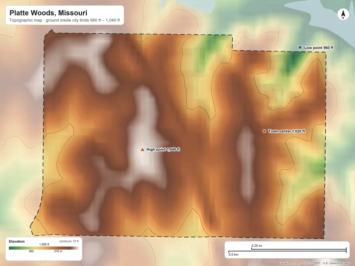 Topographic elevation map of Platte Woods, Missouri, shaded from 960 ft on the northeast side to 1,040 ft on the west side
