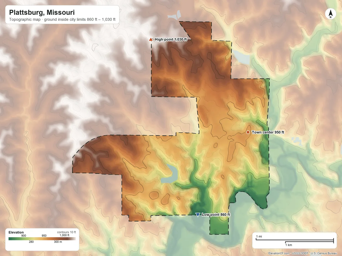 Topographic elevation map of Plattsburg, Missouri, shaded from 860 ft on the southwest side to 1,030 ft on the northwest side