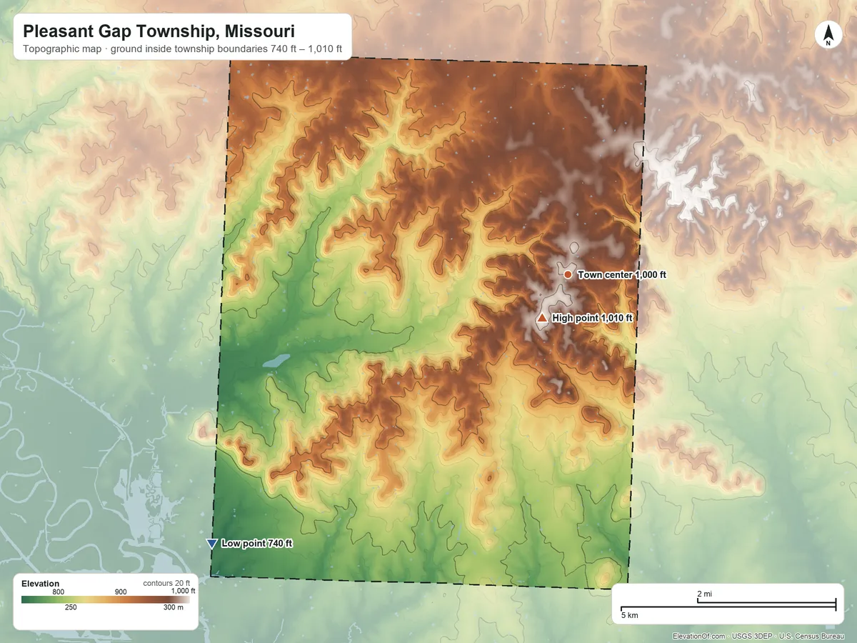 Topographic elevation map of Pleasant Gap Township, Missouri, shaded from 740 ft on the southwest side to 1,010 ft near the middle