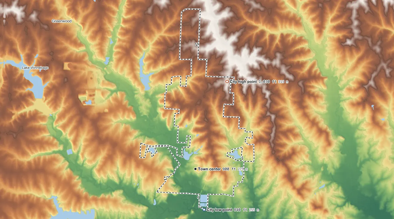 Topographic elevation map of Pleasant Hill, Missouri, shaded from 840 ft on the south side to 1,030 ft on the north side