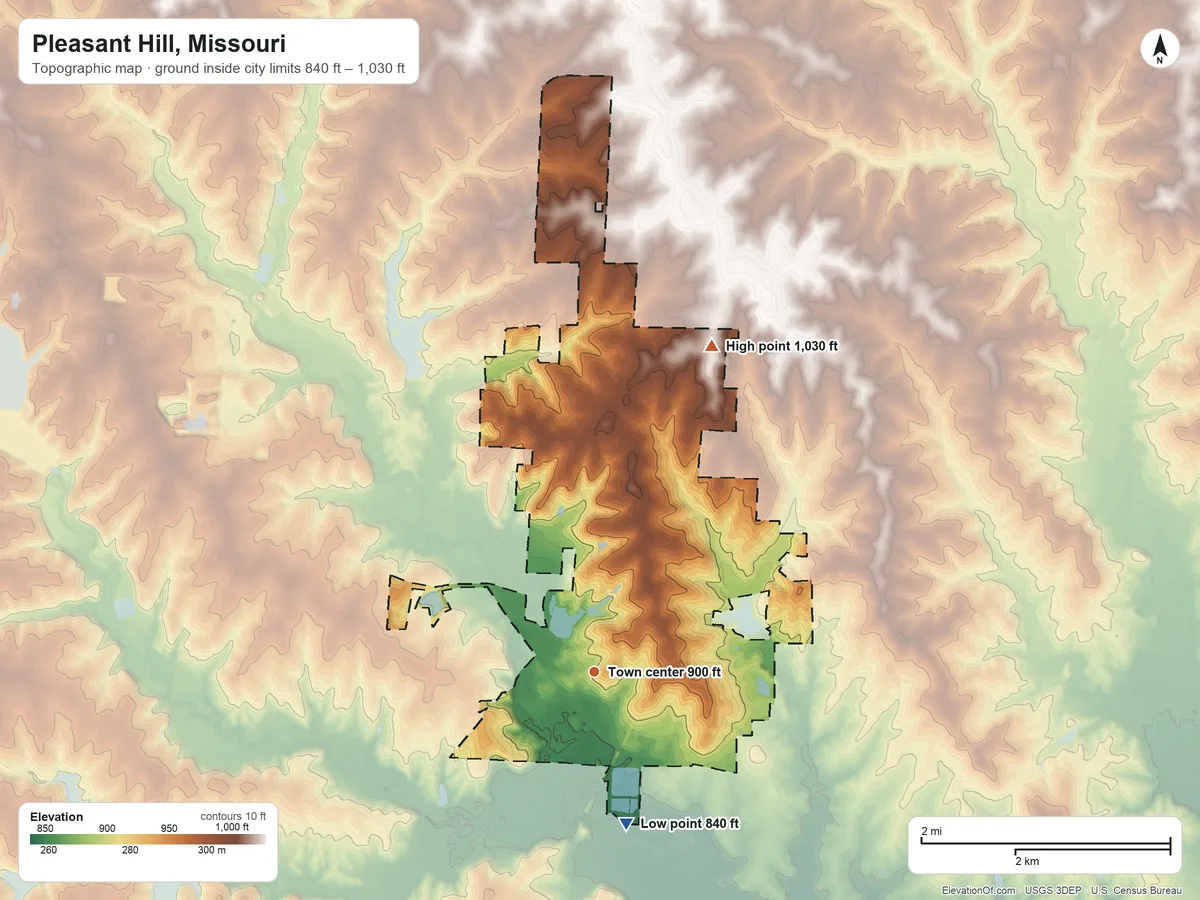 Topographic elevation map of Pleasant Hill, Missouri, shaded from 840 ft on the south side to 1,030 ft on the north side