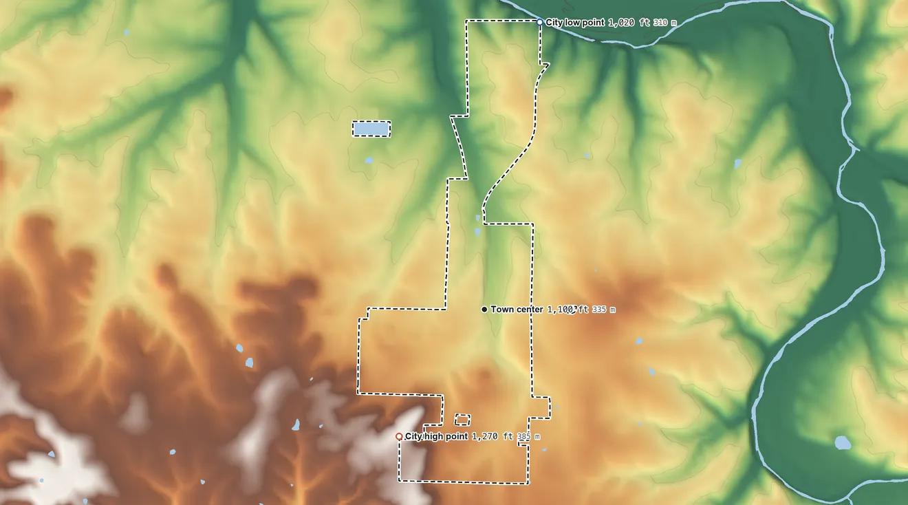 Topographic elevation map of Pleasant Hope, Missouri, shaded from 1,020 ft on the north side to 1,270 ft on the southwest side