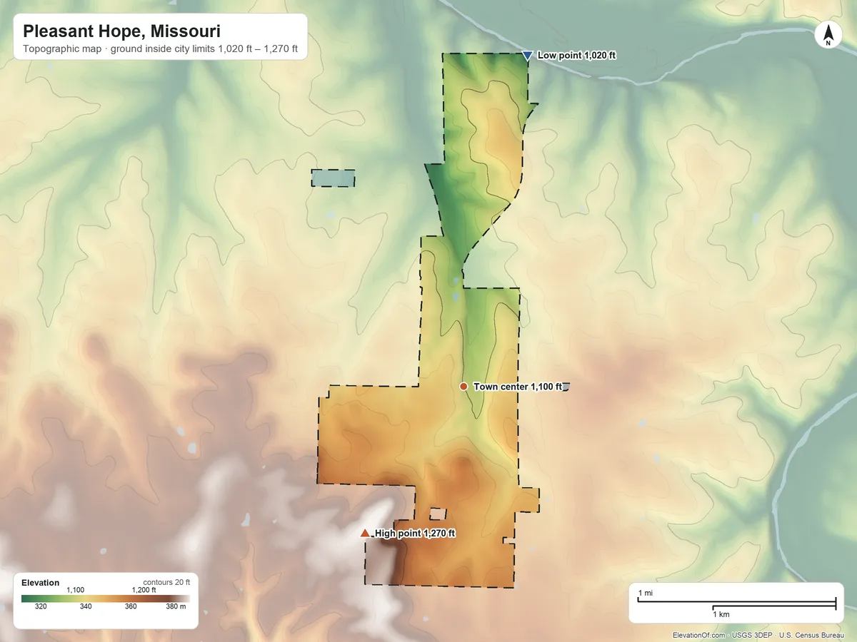 Topographic elevation map of Pleasant Hope, Missouri, shaded from 1,020 ft on the north side to 1,270 ft on the southwest side
