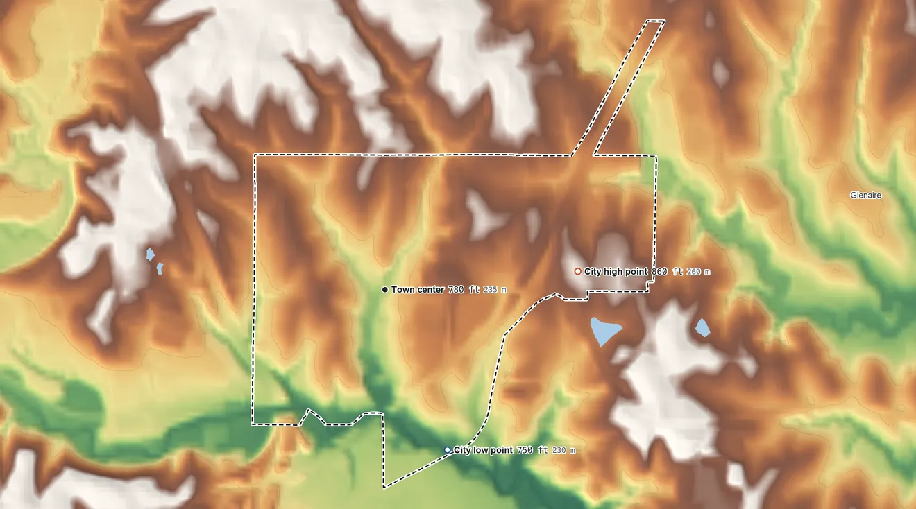 Topographic elevation map of Pleasant Valley, Missouri, shaded from 750 ft on the south side to 860 ft on the east side