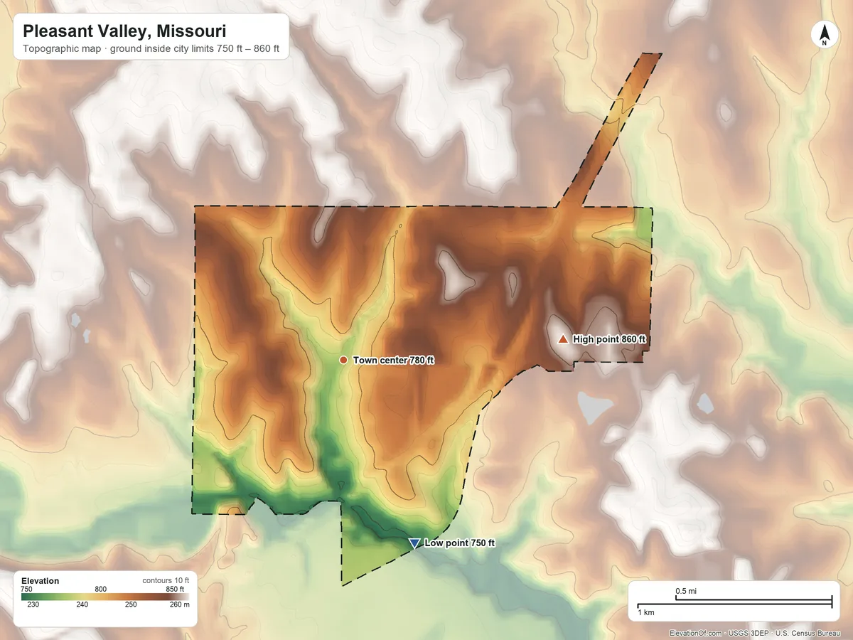 Topographic elevation map of Pleasant Valley, Missouri, shaded from 750 ft on the south side to 860 ft on the east side
