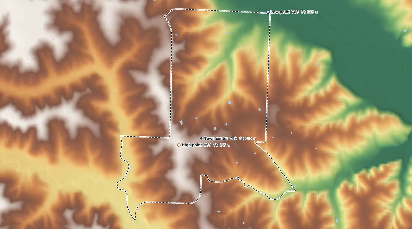 Topographic elevation map of Plevna, Missouri, shaded from 700 ft on the northeast side to 800 ft near the middle