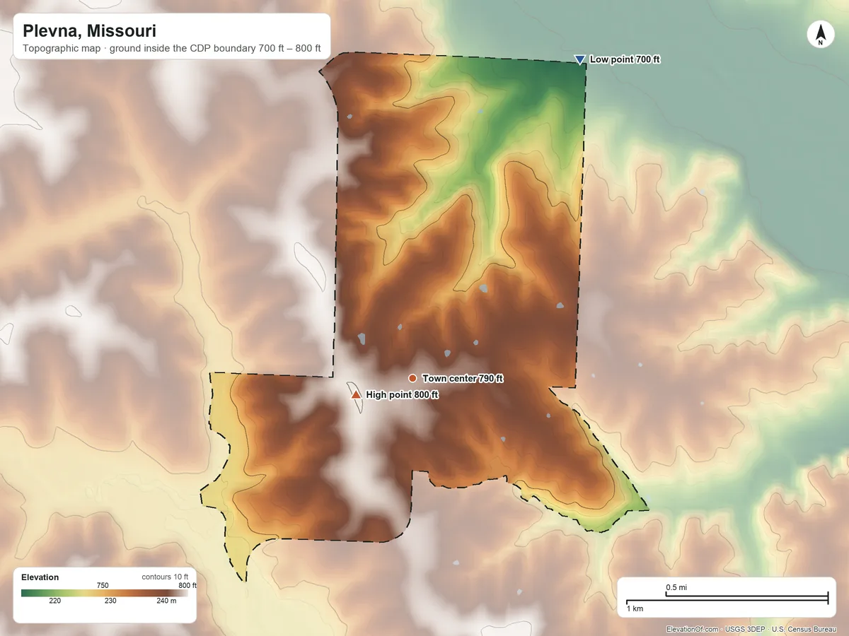 Topographic elevation map of Plevna, Missouri, shaded from 700 ft on the northeast side to 800 ft near the middle