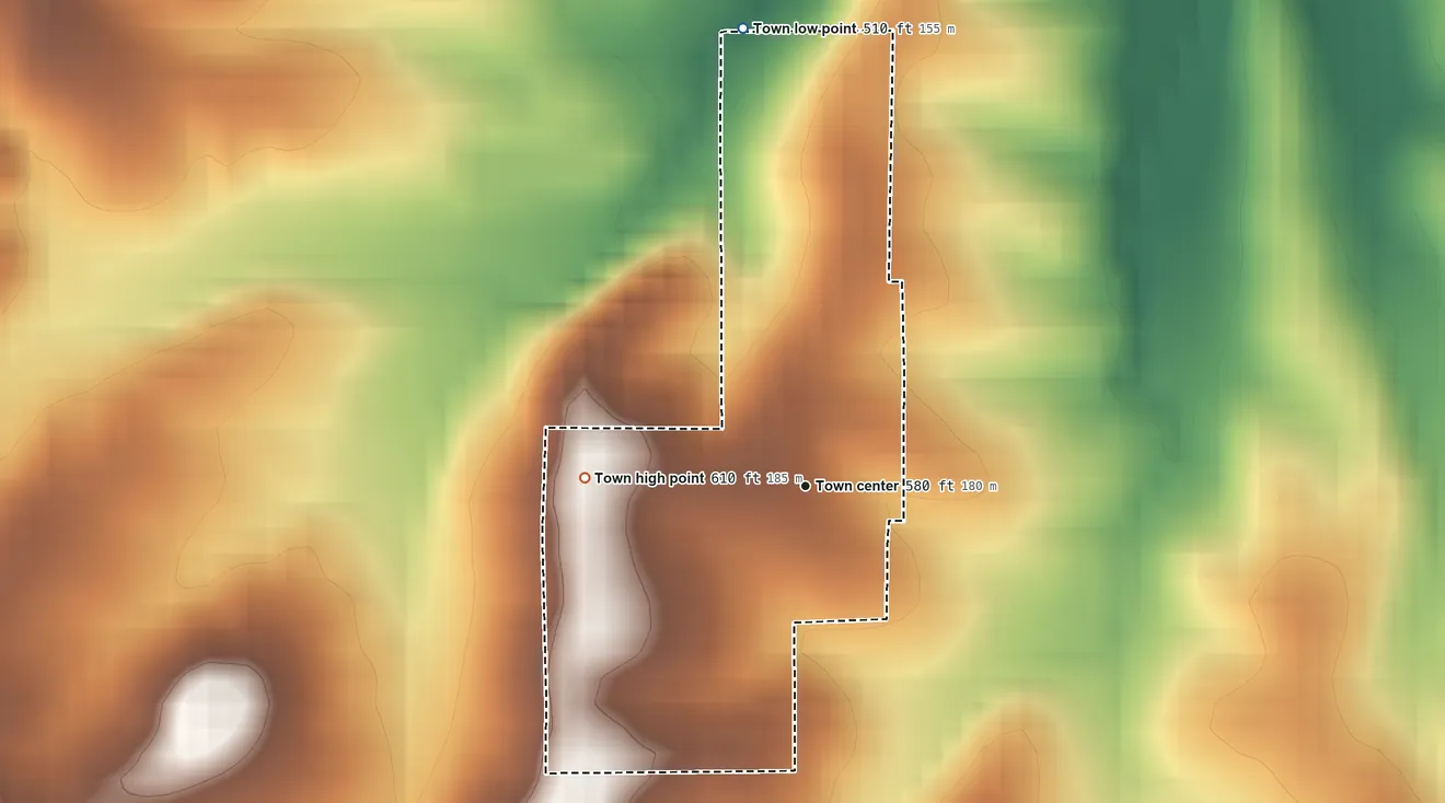Topographic elevation map of Pocahontas, Missouri, shaded from 510 ft on the north side to 610 ft on the west side