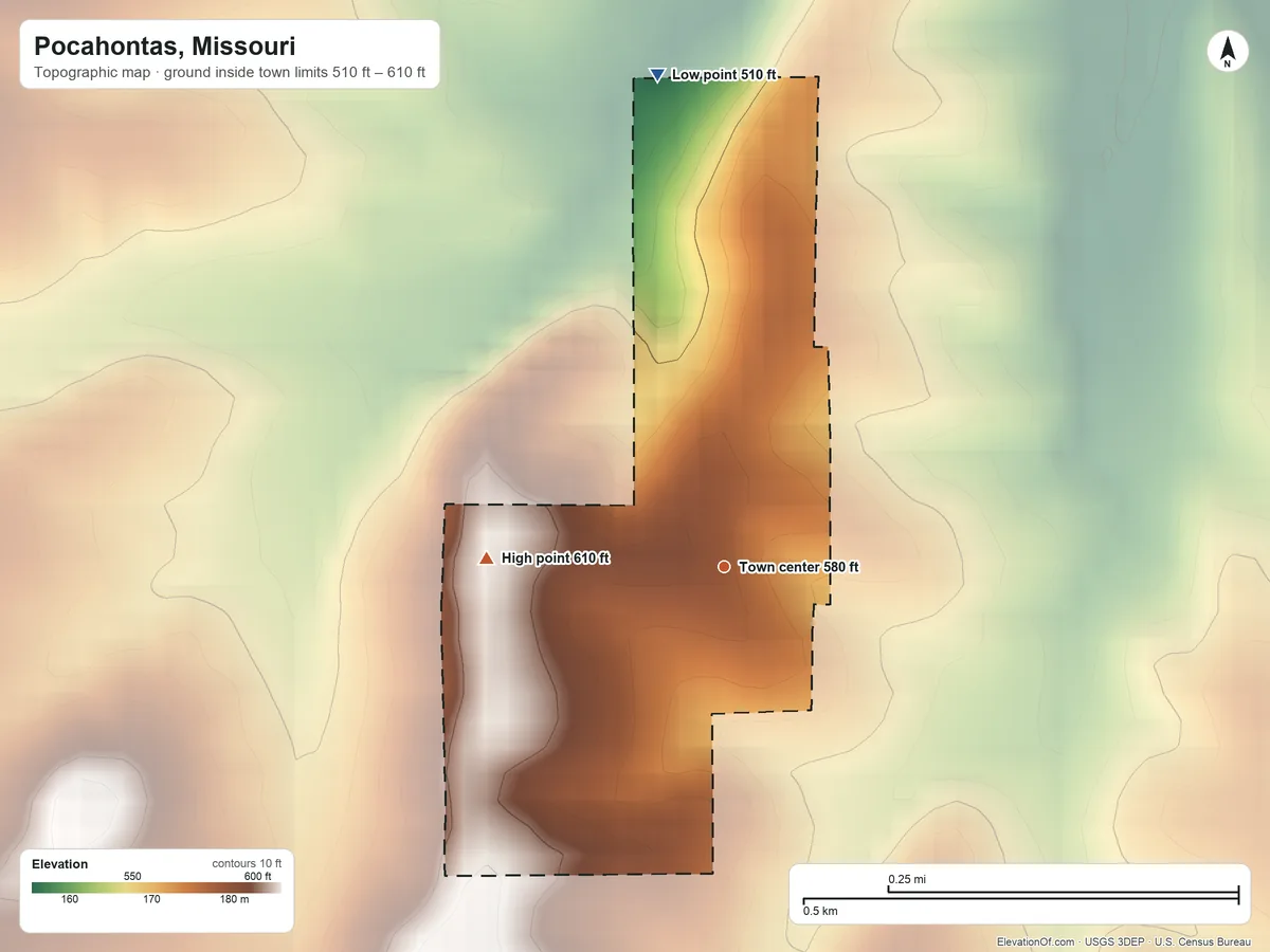 Topographic elevation map of Pocahontas, Missouri, shaded from 510 ft on the north side to 610 ft on the west side