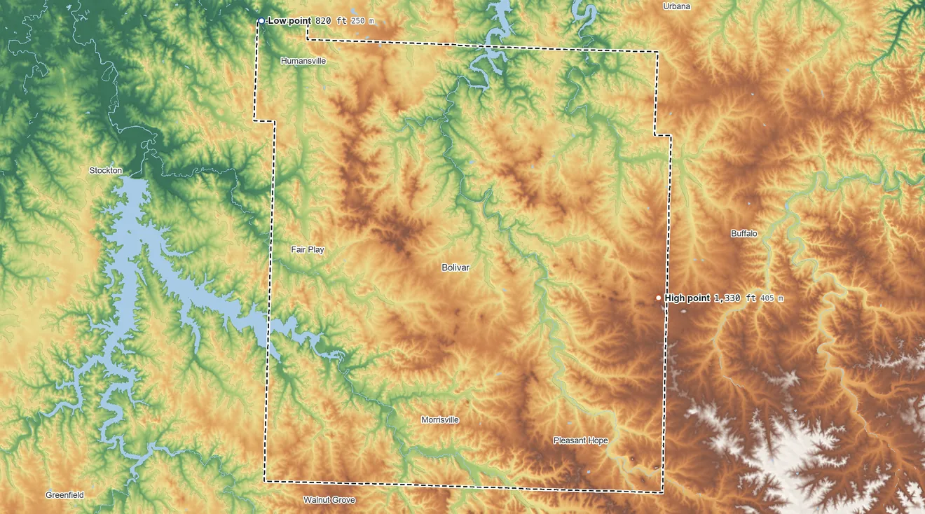 Topographic elevation map of Polk County, Missouri, shaded from 820 ft on the northwest side to 1,330 ft on Blue Mound