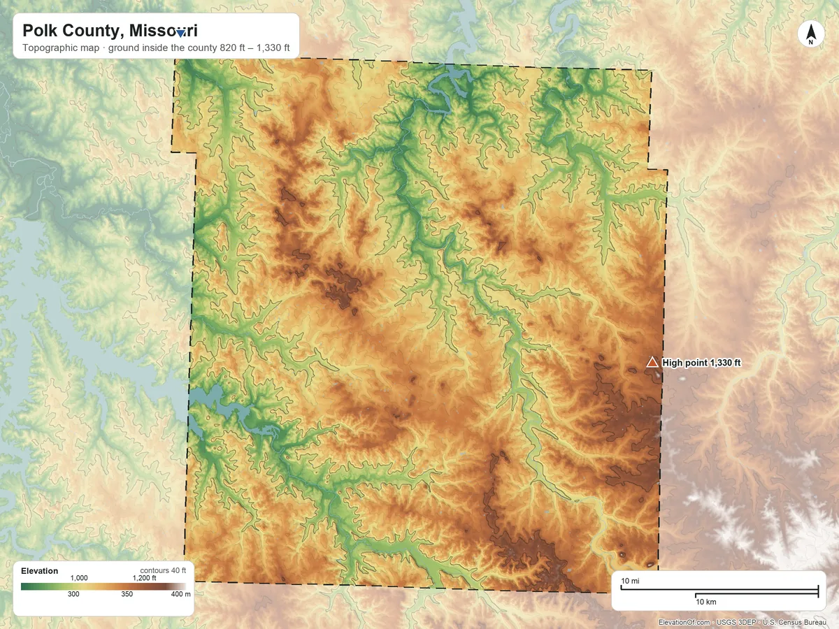 Topographic elevation map of Polk County, Missouri, shaded from 820 ft on the northwest side to 1,330 ft on Blue Mound