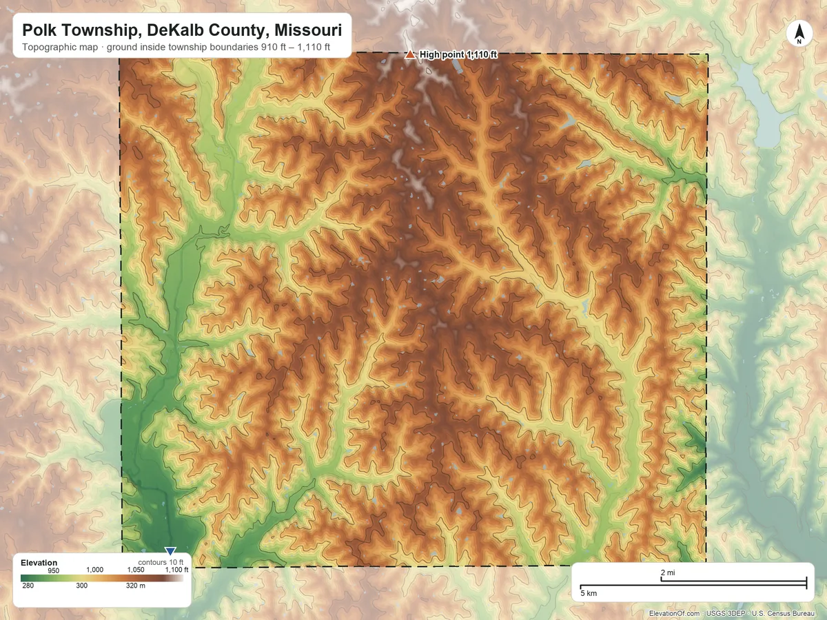 Topographic elevation map of Polk Township, DeKalb County, Missouri, shaded from 910 ft on the south side to 1,110 ft on the northeast side