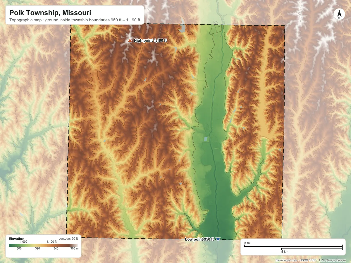 Topographic elevation map of Polk Township, Missouri, shaded from 950 ft on the southeast side to 1,190 ft on the north side
