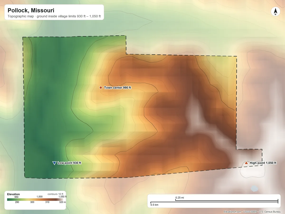 Topographic elevation map of Pollock, Missouri, shaded from 930 ft on the southwest side to 1,050 ft on the southeast side