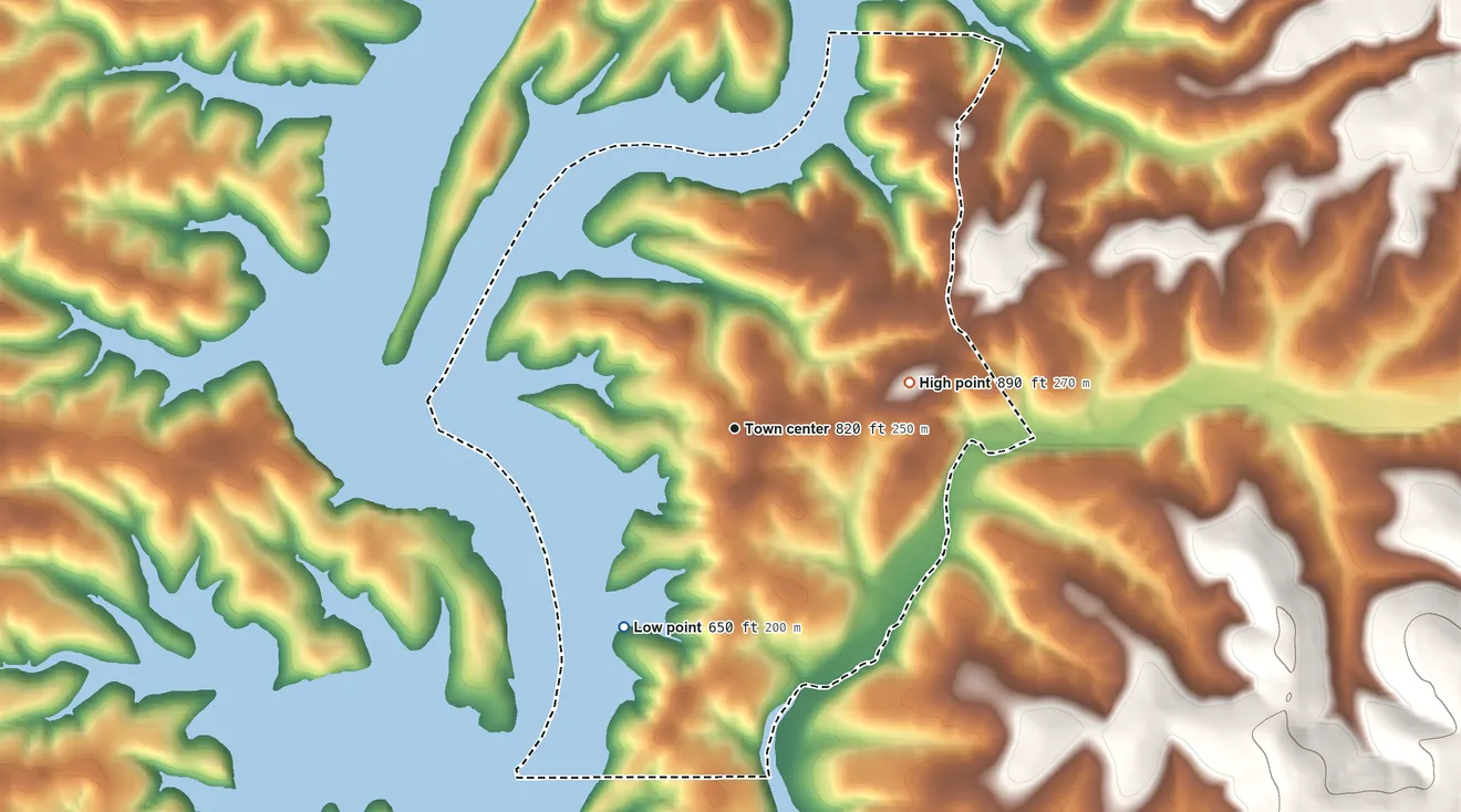 Topographic elevation map of Pontiac, Missouri, shaded from 650 ft on the southwest side to 890 ft on the east side