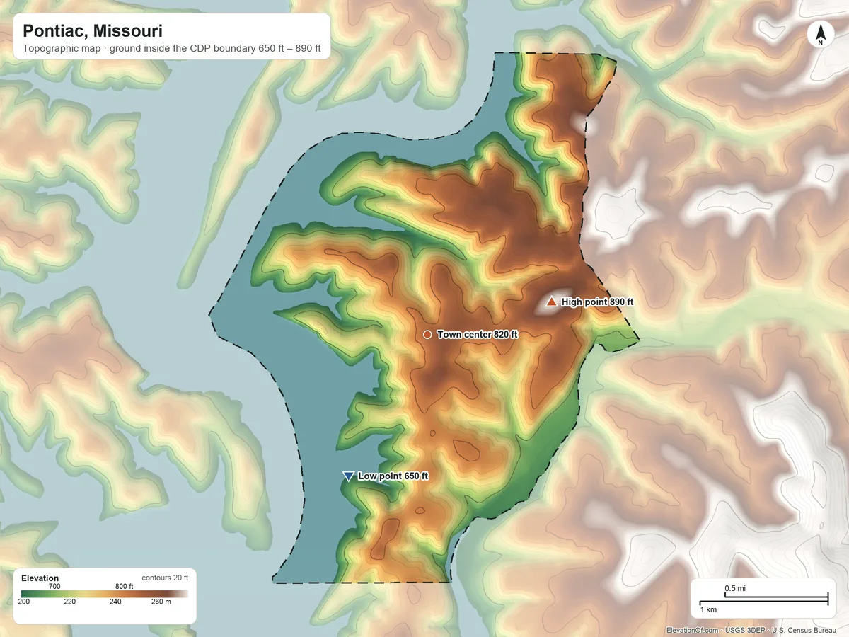 Topographic elevation map of Pontiac, Missouri, shaded from 650 ft on the southwest side to 890 ft on the east side