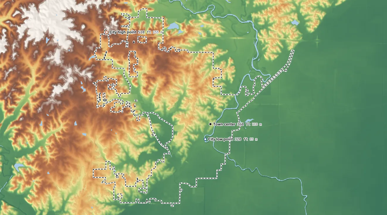 Topographic elevation map of Poplar Bluff, Missouri, shaded from 320 ft near the middle to 510 ft on the northwest side