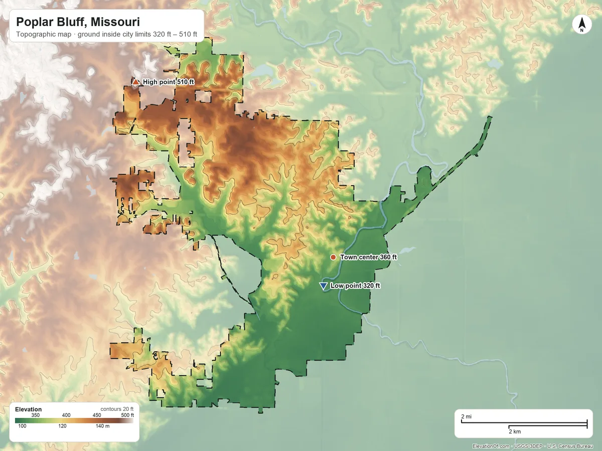 Topographic elevation map of Poplar Bluff, Missouri, shaded from 320 ft near the middle to 510 ft on the northwest side