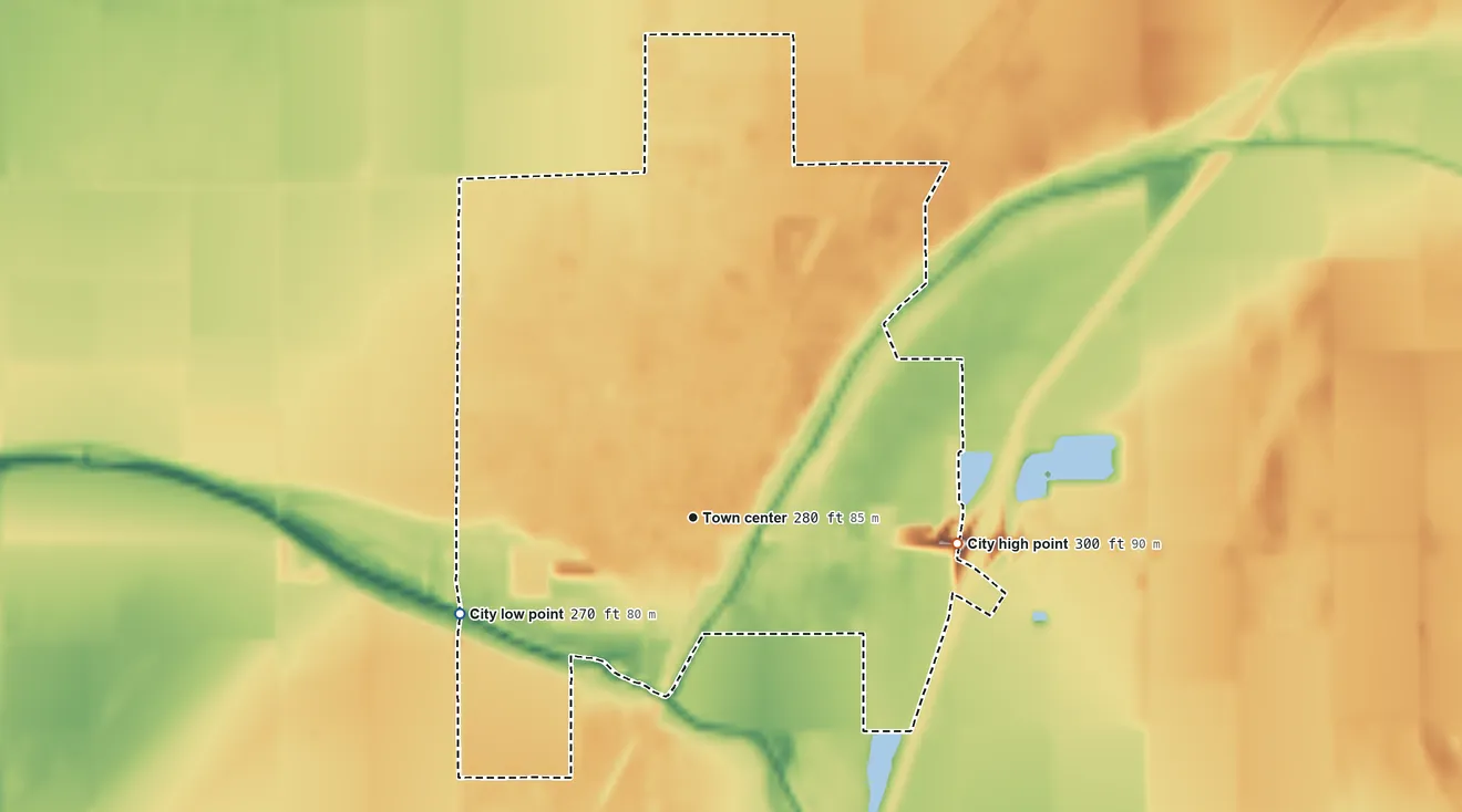 Topographic elevation map of Portageville, Missouri, shaded from 270 ft on the west side to 300 ft on the east side