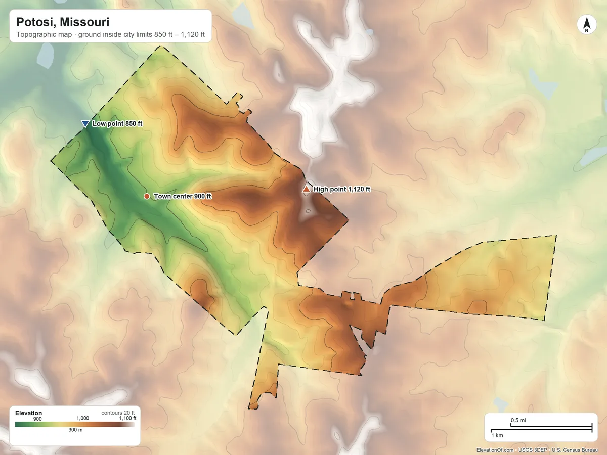 Topographic elevation map of Potosi, Missouri, shaded from 850 ft on the northwest side to 1,120 ft on the east side