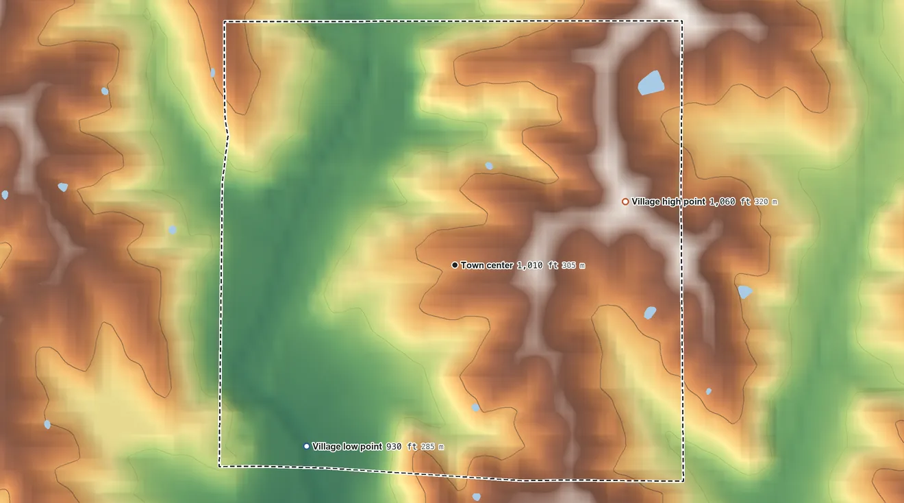Topographic elevation map of Powersville, Missouri, shaded from 930 ft on the southwest side to 1,060 ft on the east side