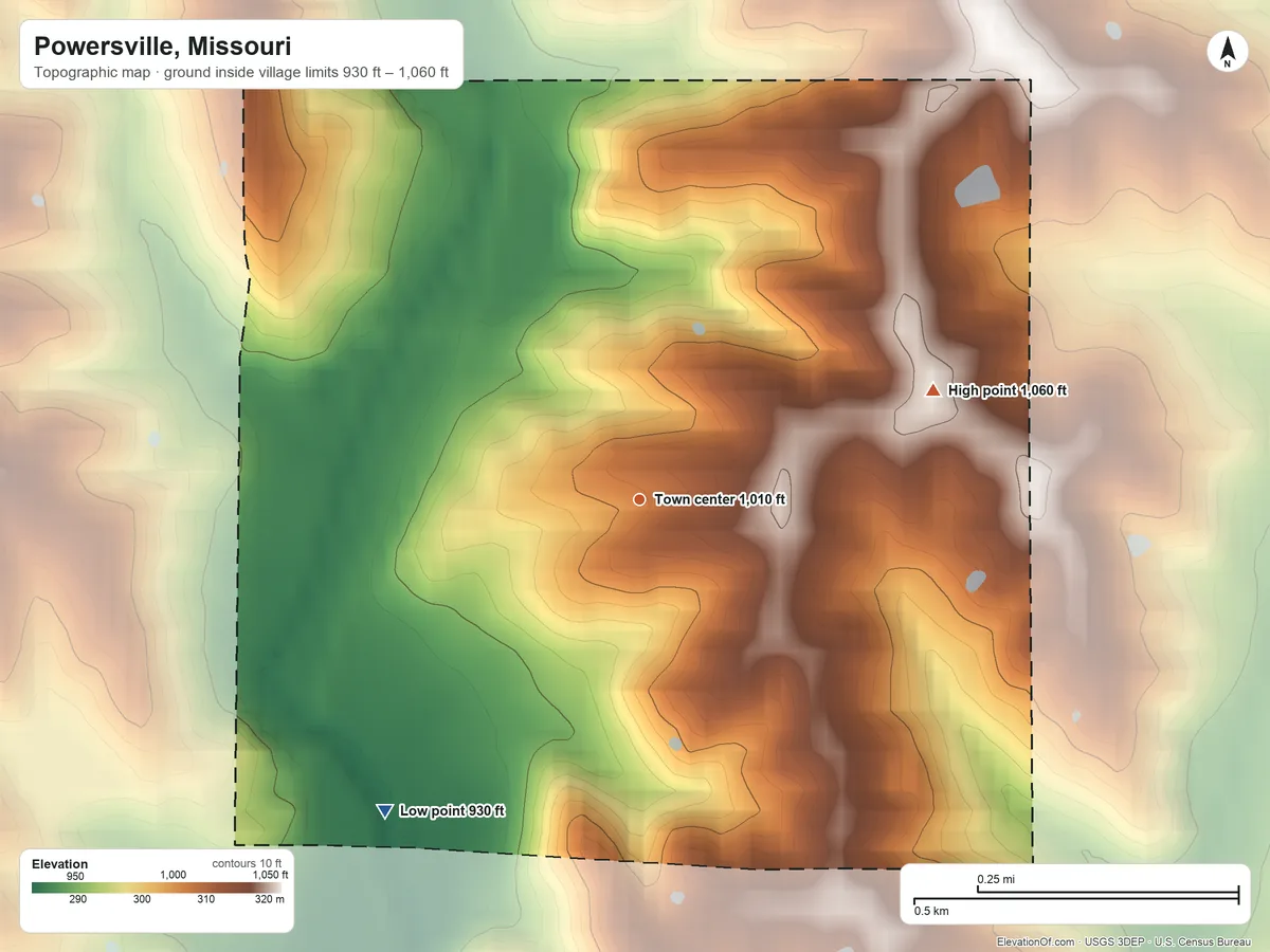 Topographic elevation map of Powersville, Missouri, shaded from 930 ft on the southwest side to 1,060 ft on the east side
