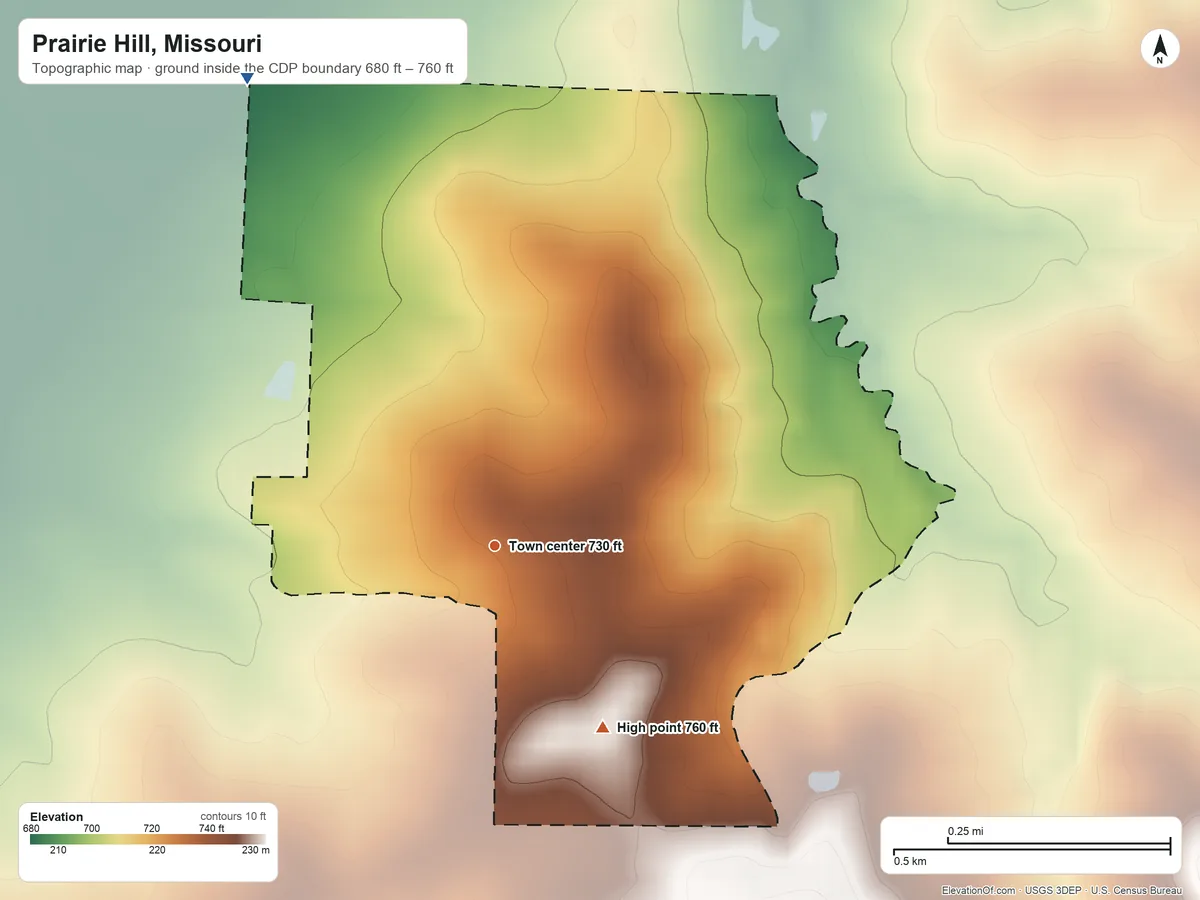 Topographic elevation map of Prairie Hill, Missouri, shaded from 680 ft on the northwest side to 760 ft on the southeast side
