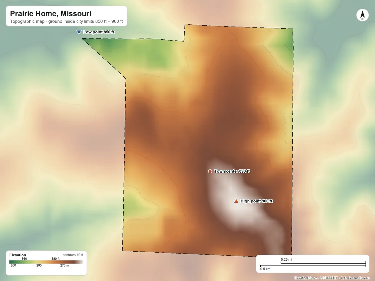 Topographic elevation map of Prairie Home, Missouri, shaded from 850 ft on the northwest side to 900 ft on the southeast side