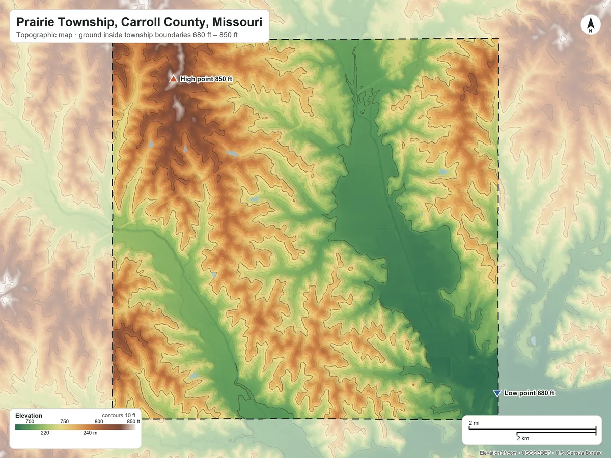 Topographic elevation map of Prairie Township, Carroll County, Missouri, shaded from 680 ft on the southeast side to 850 ft on the northwest side