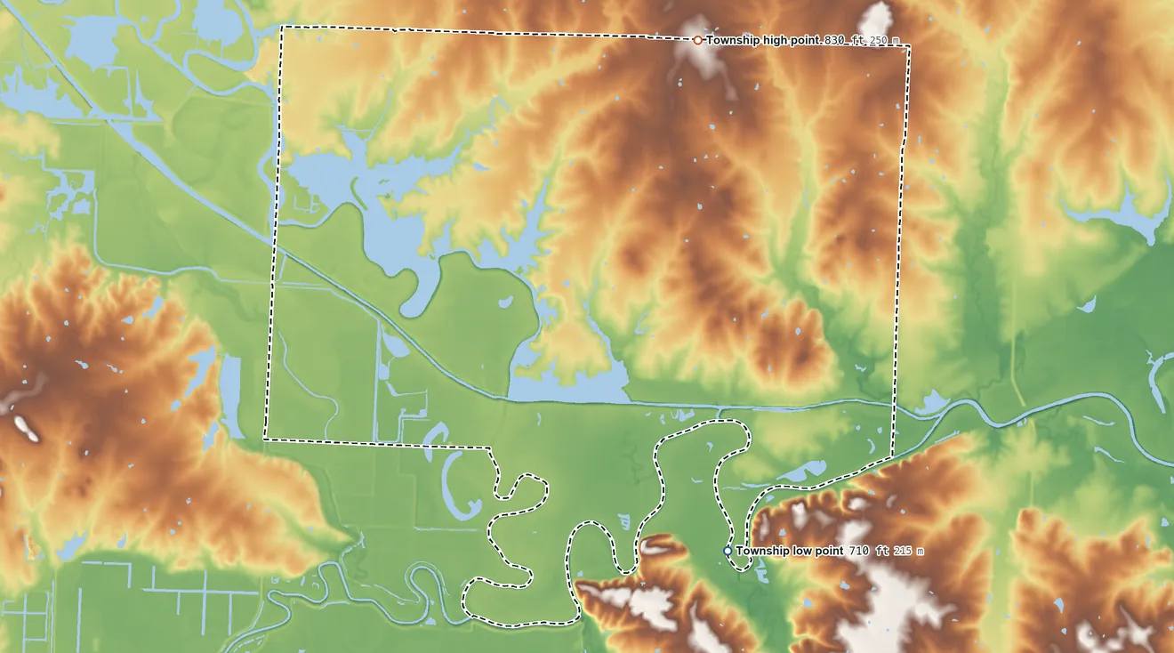 Topographic elevation map of Prairie Township, Missouri, shaded from 710 ft on the south side to 830 ft on the north side