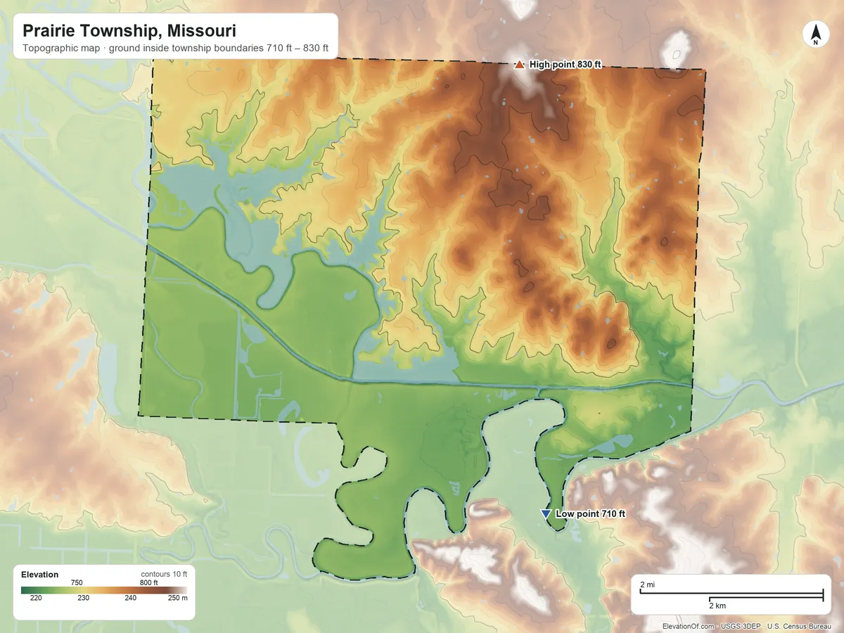 Topographic elevation map of Prairie Township, Missouri, shaded from 710 ft on the south side to 830 ft on the north side