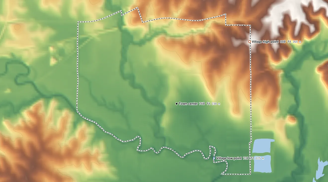 Topographic elevation map of Prathersville, Missouri, shaded from 730 ft on the southeast side to 880 ft on the northeast side