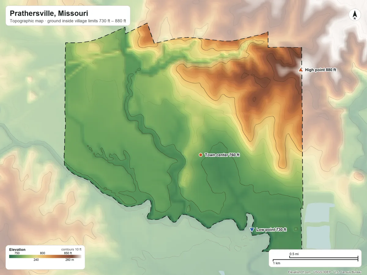 Topographic elevation map of Prathersville, Missouri, shaded from 730 ft on the southeast side to 880 ft on the northeast side