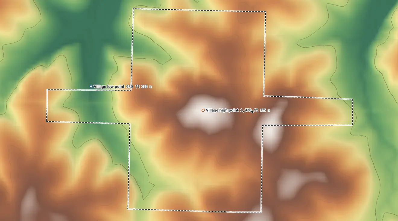 Topographic elevation map of Preston, Missouri, shaded from 980 ft on the west side to 1,070 ft on the west side