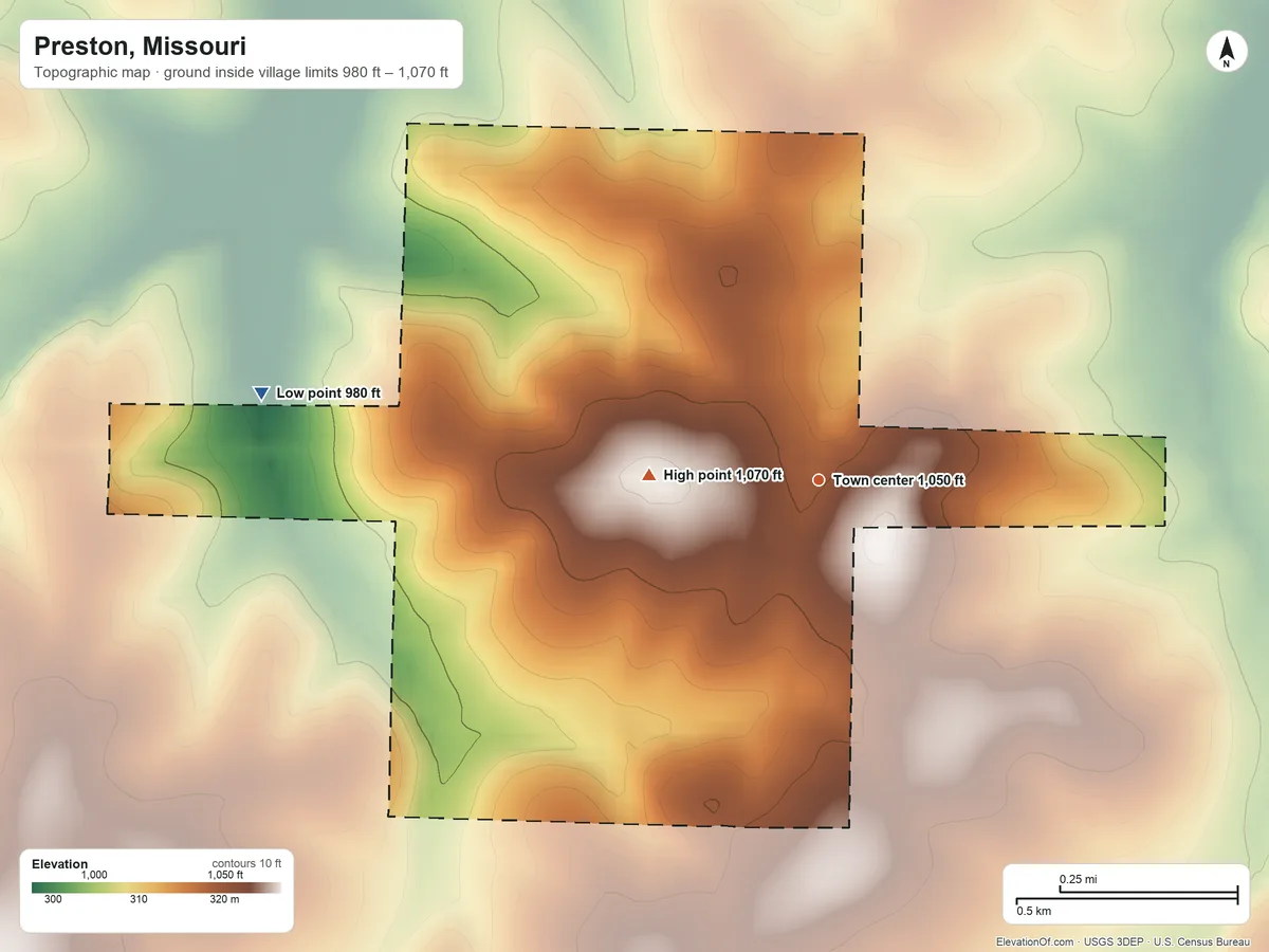 Topographic elevation map of Preston, Missouri, shaded from 980 ft on the west side to 1,070 ft on the west side