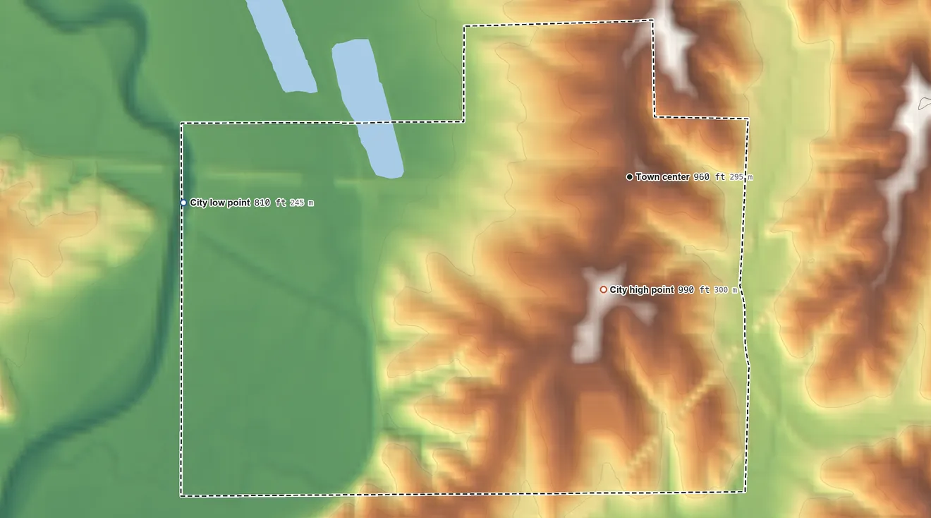 Topographic elevation map of Princeton, Missouri, shaded from 810 ft on the west side to 990 ft on the south side