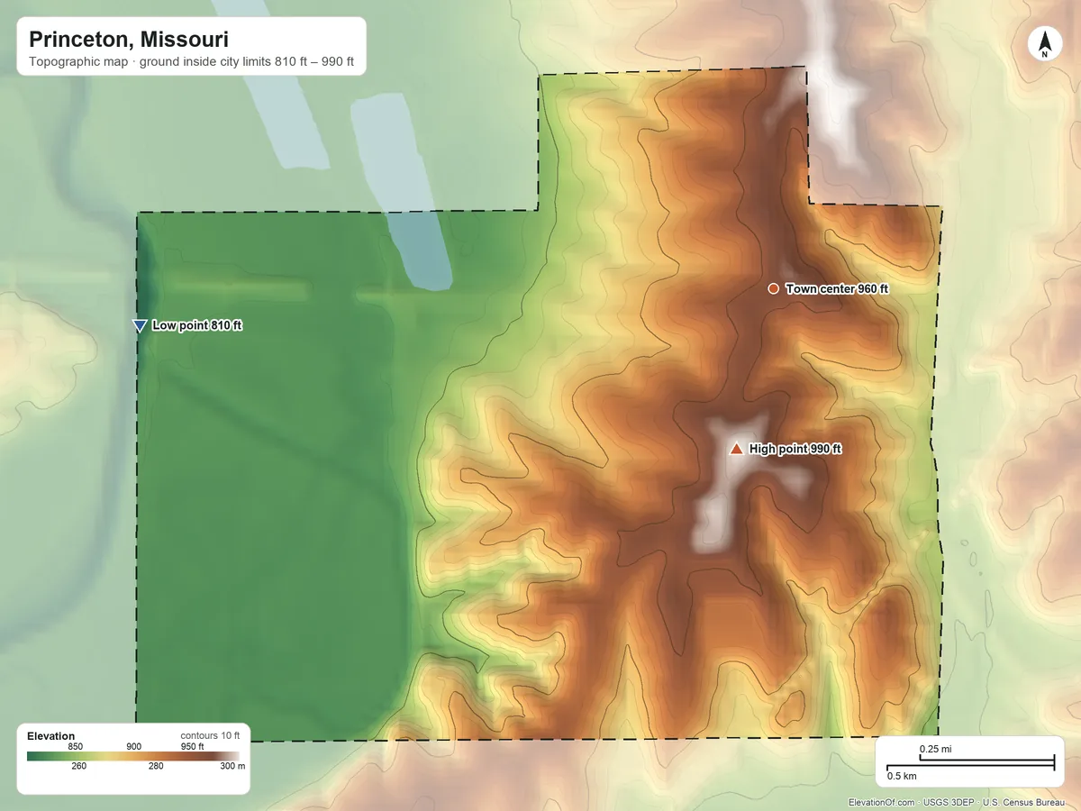 Topographic elevation map of Princeton, Missouri, shaded from 810 ft on the west side to 990 ft on the south side
