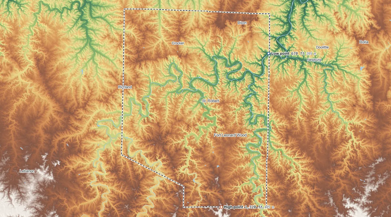 Topographic elevation map of Pulaski County, Missouri, shaded from 670 ft on the northeast side to 1,320 ft on the south side